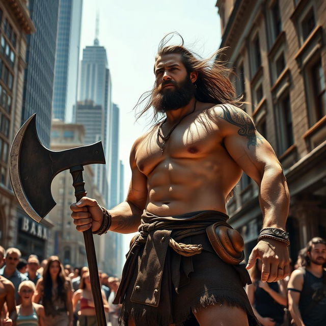 A muscular barbarian man, bare-chested with traditional warrior tattoos, wielding a large axe, standing confidently amidst a bustling city street