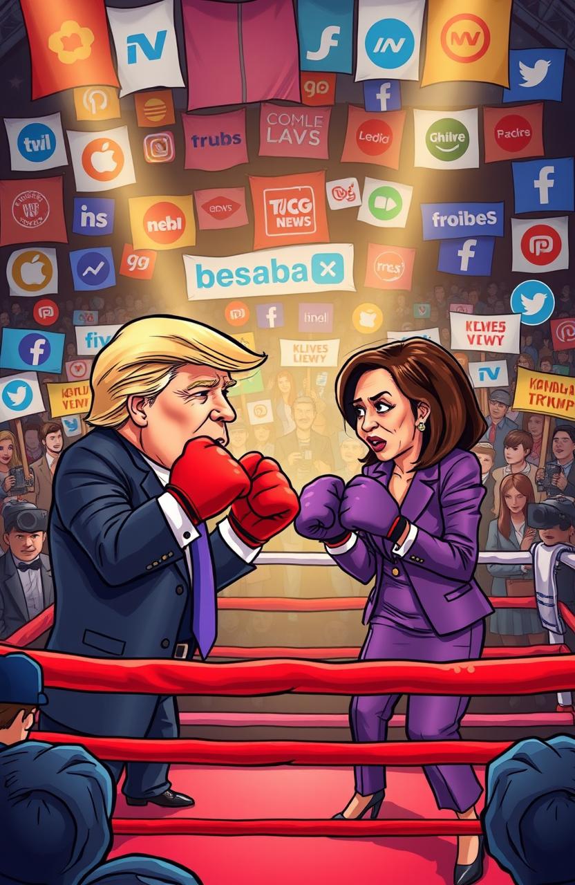 A dramatic political cartoon depicting a boxing ring where Donald Trump and Kamala Harris are engaged in a lively debate