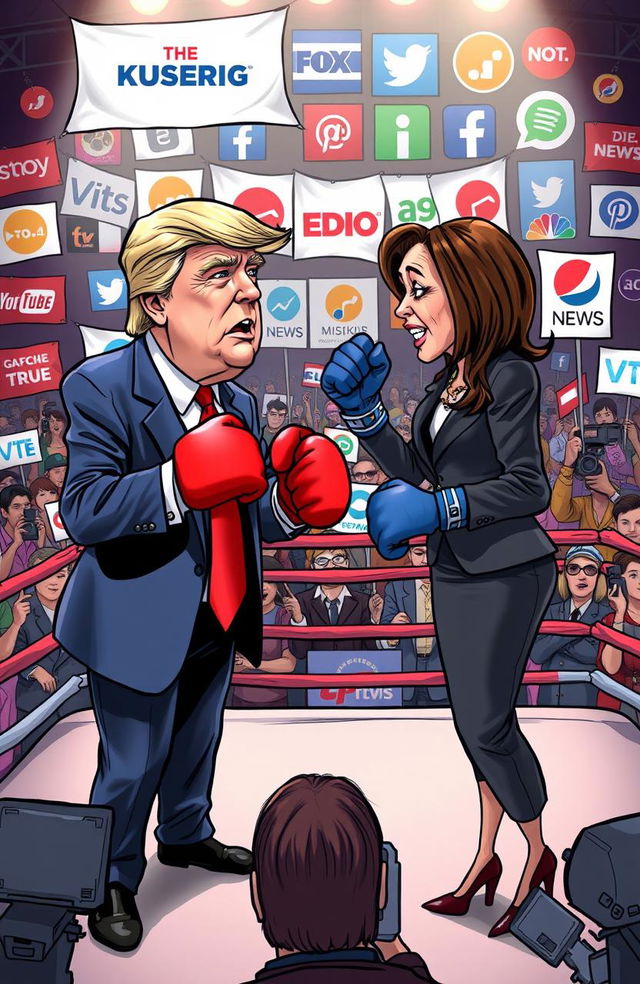 A dramatic political cartoon depicting a boxing ring where Donald Trump and Kamala Harris are engaged in a lively debate