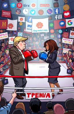 A dramatic political cartoon depicting a boxing ring where Donald Trump and Kamala Harris are engaged in a lively debate
