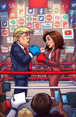 A dramatic political cartoon depicting a boxing ring where Donald Trump and Kamala Harris are engaged in a lively debate
