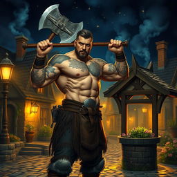 A muscular barbarian man, bare-chested with intricate warrior tattoos, brandishing a large axe, standing heroically in a quaint small town at night