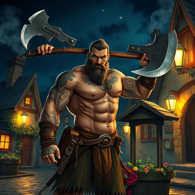 A muscular barbarian man, bare-chested with intricate warrior tattoos, brandishing a large axe, standing heroically in a quaint small town at night