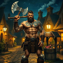 A muscular barbarian man, bare-chested with intricate warrior tattoos, brandishing a large axe, standing heroically in a quaint small town at night