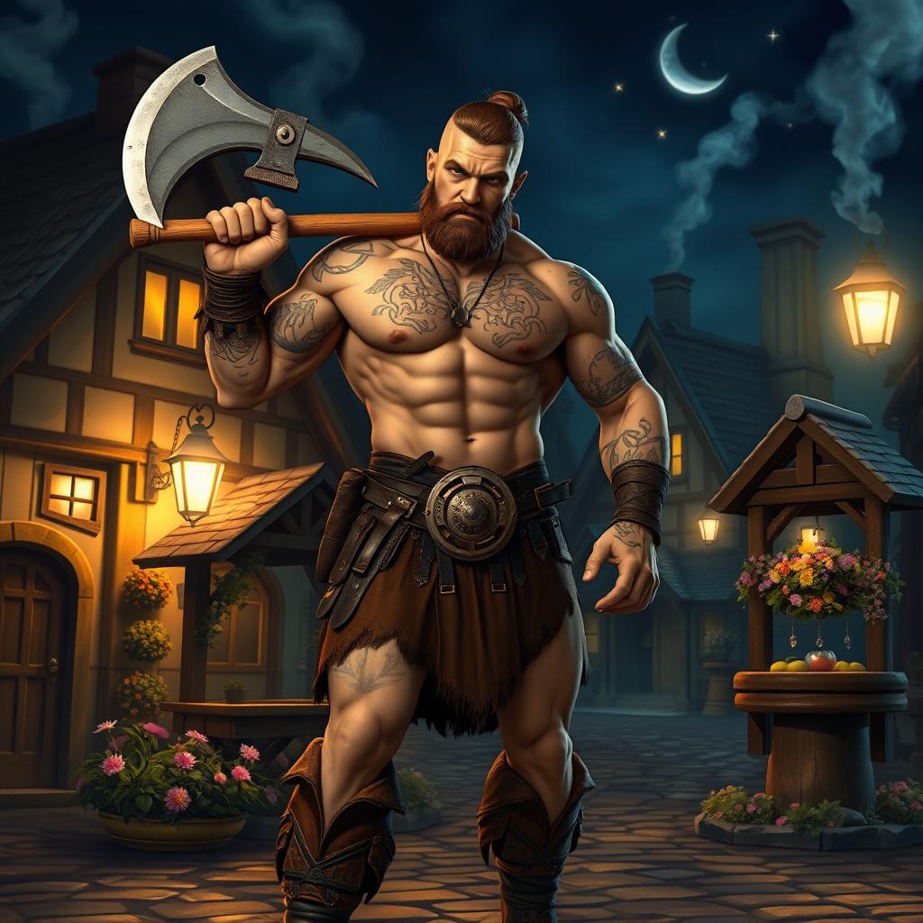 A muscular barbarian man, bare-chested with intricate warrior tattoos, brandishing a large axe, standing heroically in a quaint small town at night