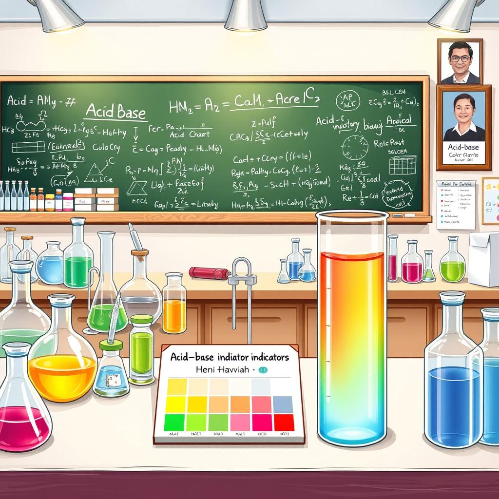 A detailed illustration of a laboratory setting for an acid-base indicator experiment