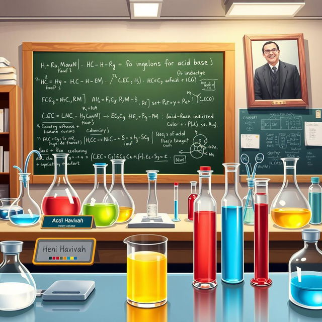 A detailed illustration of a laboratory setting for an acid-base indicator experiment