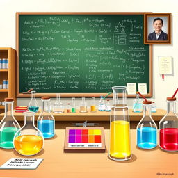 A detailed illustration of a laboratory setting for an acid-base indicator experiment