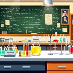 A detailed illustration of a laboratory setting for an acid-base indicator experiment