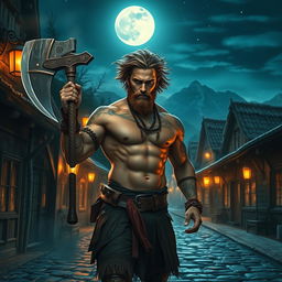 A powerful barbarian man, bare-chested and showcasing muscular definition with tribal tattoos, holding a large, battle-worn axe while standing amidst the cobblestone streets of a quaint small town at night