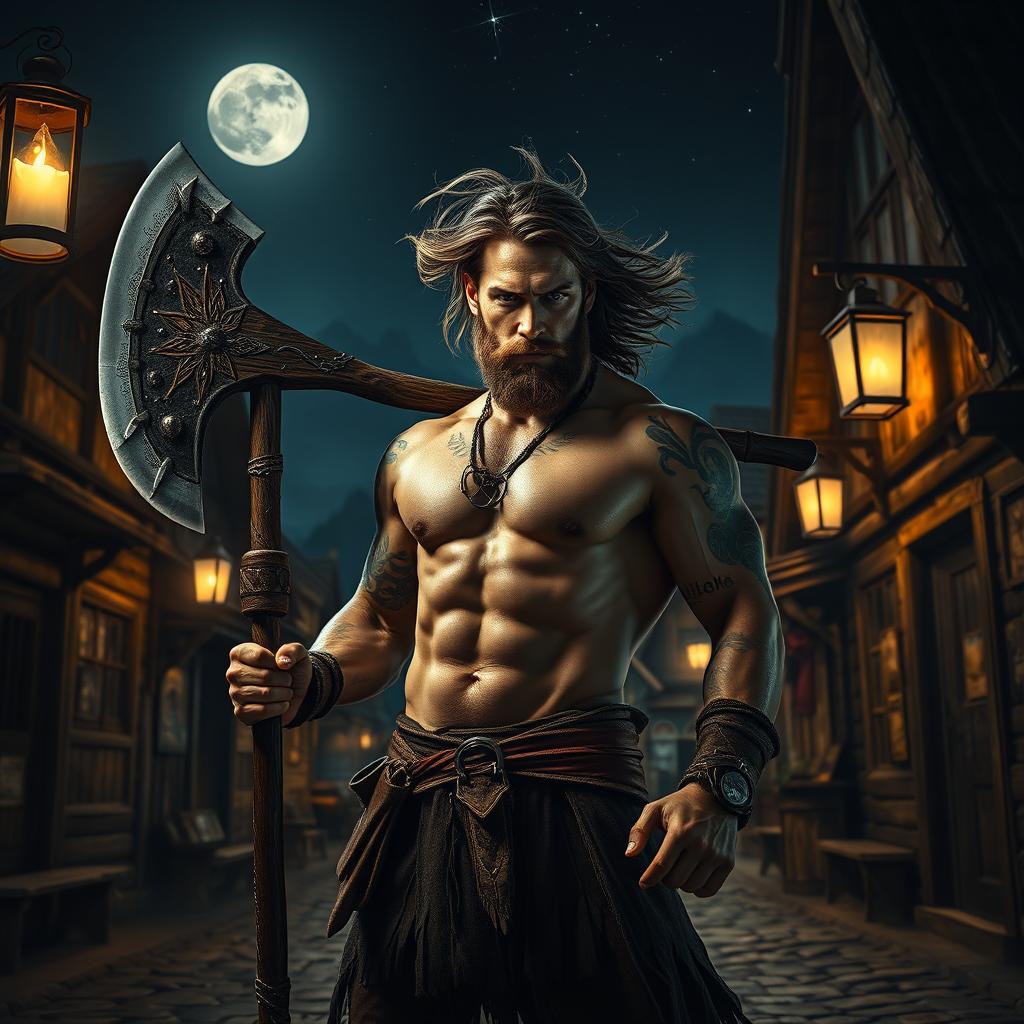 A powerful barbarian man, bare-chested and showcasing muscular definition with tribal tattoos, holding a large, battle-worn axe while standing amidst the cobblestone streets of a quaint small town at night