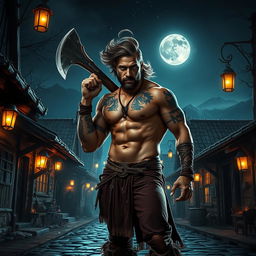 A powerful barbarian man, bare-chested and showcasing muscular definition with tribal tattoos, holding a large, battle-worn axe while standing amidst the cobblestone streets of a quaint small town at night