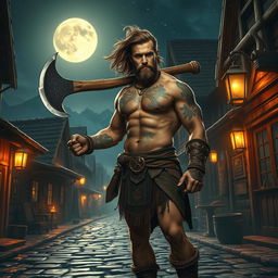 A powerful barbarian man, bare-chested and showcasing muscular definition with tribal tattoos, holding a large, battle-worn axe while standing amidst the cobblestone streets of a quaint small town at night