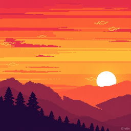 A vibrant pixel art sunset, showcasing a stunning array of warm colors including deep oranges, soft pinks, and golden yellows blending seamlessly across the sky