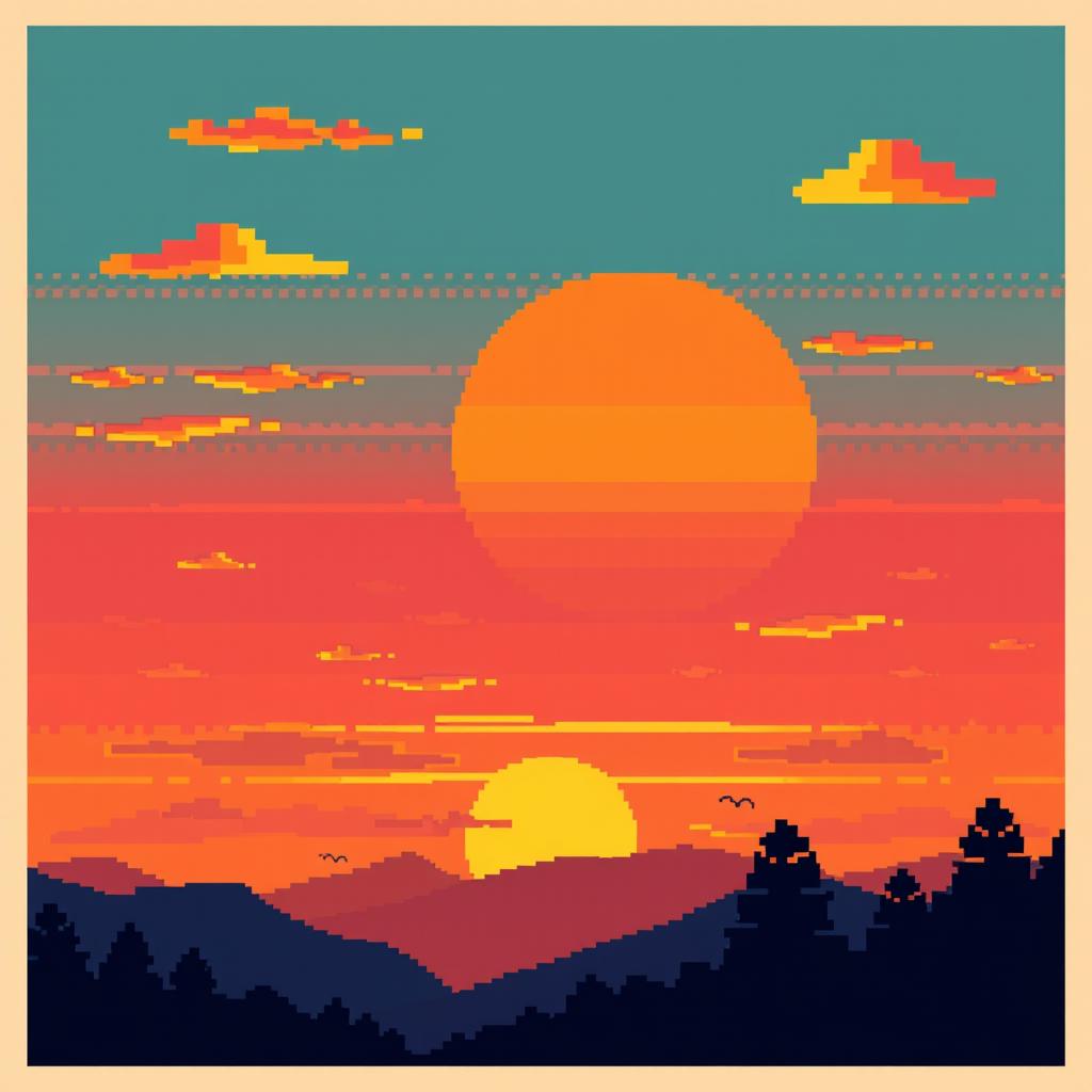 A vibrant pixel art sunset, showcasing a stunning array of warm colors including deep oranges, soft pinks, and golden yellows blending seamlessly across the sky