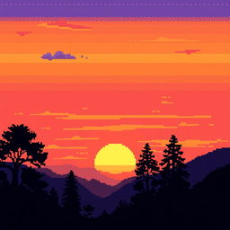 A vibrant pixel art sunset, showcasing a stunning array of warm colors including deep oranges, soft pinks, and golden yellows blending seamlessly across the sky