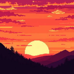 A vibrant pixel art sunset, showcasing a stunning array of warm colors including deep oranges, soft pinks, and golden yellows blending seamlessly across the sky