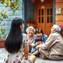 A cheerful scene depicting a straight black-haired woman seen from behind, radiating happiness as she looks at her grandmother and grandfather sitting on the ground