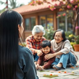 A cheerful scene depicting a straight black-haired woman seen from behind, radiating happiness as she looks at her grandmother and grandfather sitting on the ground