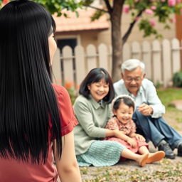 A cheerful scene depicting a straight black-haired woman seen from behind, radiating happiness as she looks at her grandmother and grandfather sitting on the ground