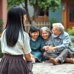 A cheerful scene depicting a straight black-haired woman seen from behind, radiating happiness as she looks at her grandmother and grandfather sitting on the ground