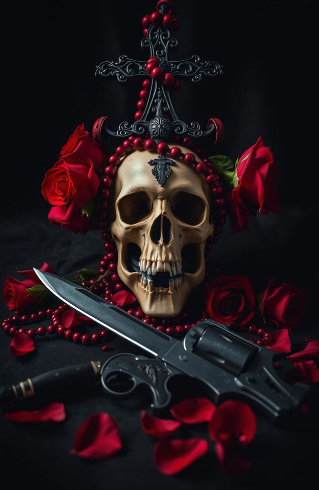 A dark romance composition featuring an upside-down cross and a rosary intertwined intricately with blood-red roses