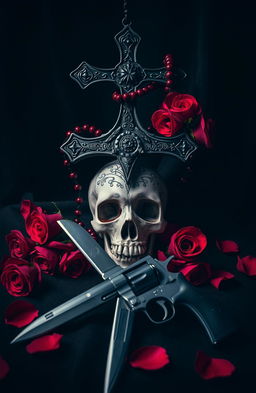 A dark romance composition featuring an upside-down cross and a rosary intertwined intricately with blood-red roses