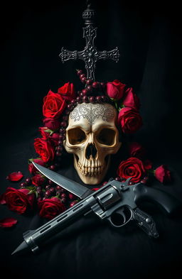 A dark romance composition featuring an upside-down cross and a rosary intertwined intricately with blood-red roses