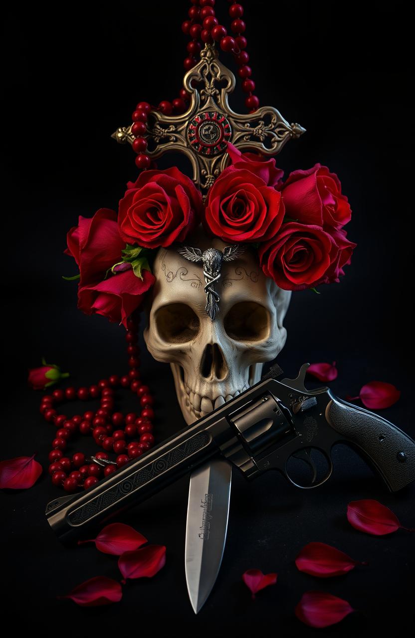 A dark romance composition featuring an upside-down cross and a rosary intertwined intricately with blood-red roses