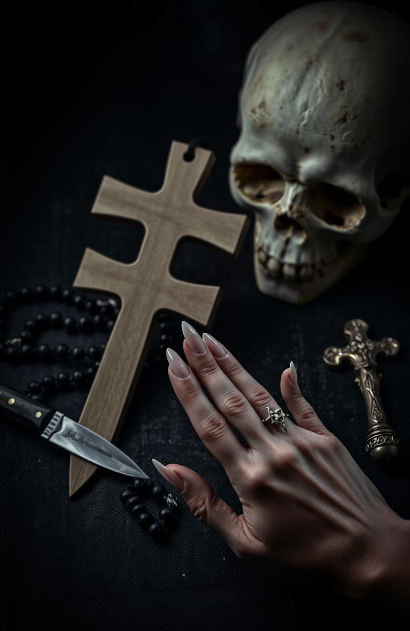 An artistic composition featuring an upside-down cross, a rosary draped across a textured surface, a knife with an ornate handle lying nearby, and a skull positioned in the corner