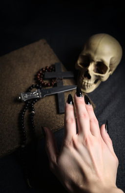 An artistic composition featuring an upside-down cross, a rosary draped across a textured surface, a knife with an ornate handle lying nearby, and a skull positioned in the corner