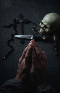 An artistic composition featuring an upside-down cross, a rosary draped across a textured surface, a knife with an ornate handle lying nearby, and a skull positioned in the corner