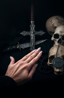 An artistic composition featuring an upside-down cross, a rosary draped across a textured surface, a knife with an ornate handle lying nearby, and a skull positioned in the corner