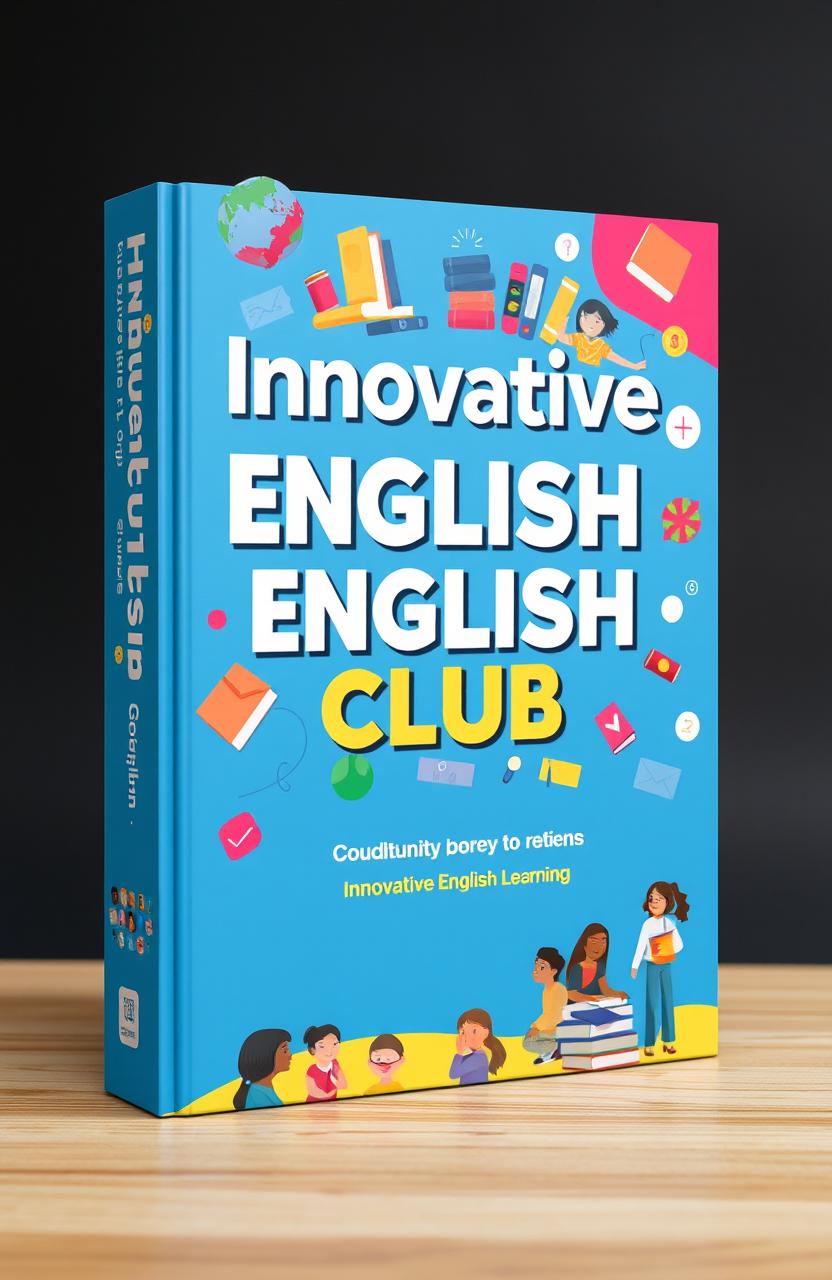 A vibrant and engaging book cover design for 'Innovative English Club', showcasing elements like a globe, books, and diverse students in a creative learning environment