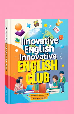 A vibrant and engaging book cover design for 'Innovative English Club', showcasing elements like a globe, books, and diverse students in a creative learning environment