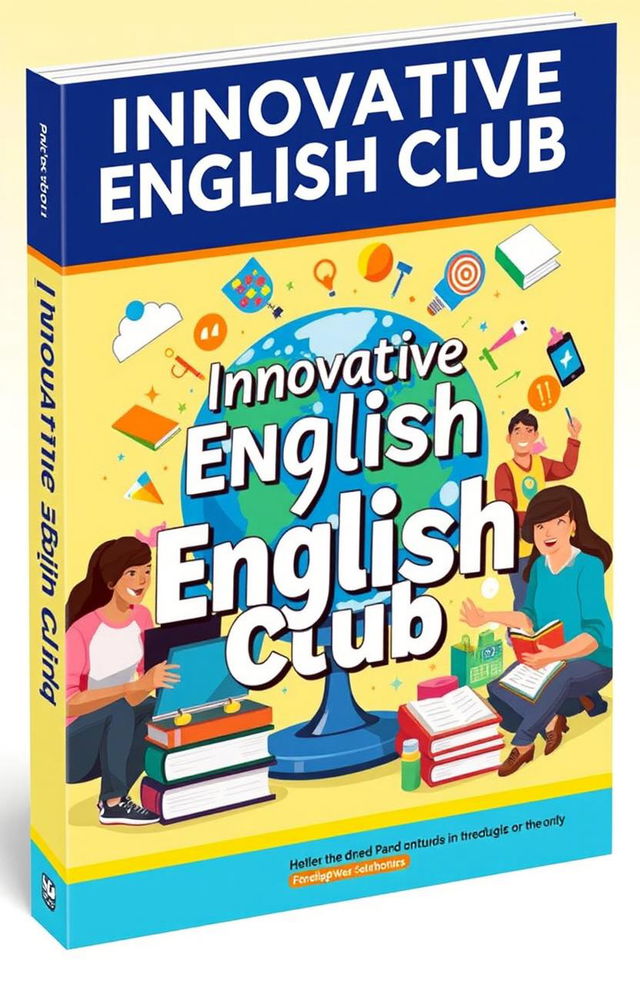 A vibrant and engaging book cover design for 'Innovative English Club', showcasing elements like a globe, books, and diverse students in a creative learning environment