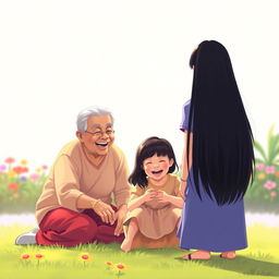 A serene and colorful scene depicting a straight black-haired woman standing with her back to the viewer, looking joyfully at a grandmother and grandfather sitting on the ground