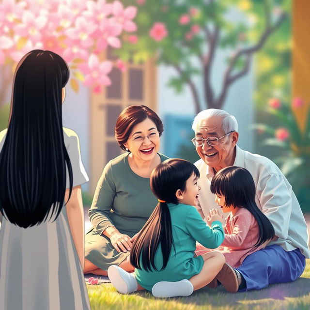 A serene and colorful scene depicting a straight black-haired woman standing with her back to the viewer, looking joyfully at a grandmother and grandfather sitting on the ground