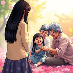 A serene and colorful scene depicting a straight black-haired woman standing with her back to the viewer, looking joyfully at a grandmother and grandfather sitting on the ground