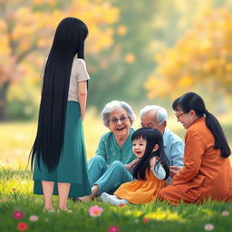 A serene and colorful scene depicting a straight black-haired woman standing with her back to the viewer, looking joyfully at a grandmother and grandfather sitting on the ground