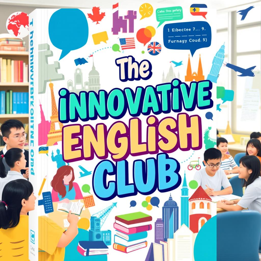 A modern and dynamic book cover design for 'The Innovative English Club', featuring a colorful collage of elements such as books, speech bubbles, and iconic landmarks from English-speaking countries