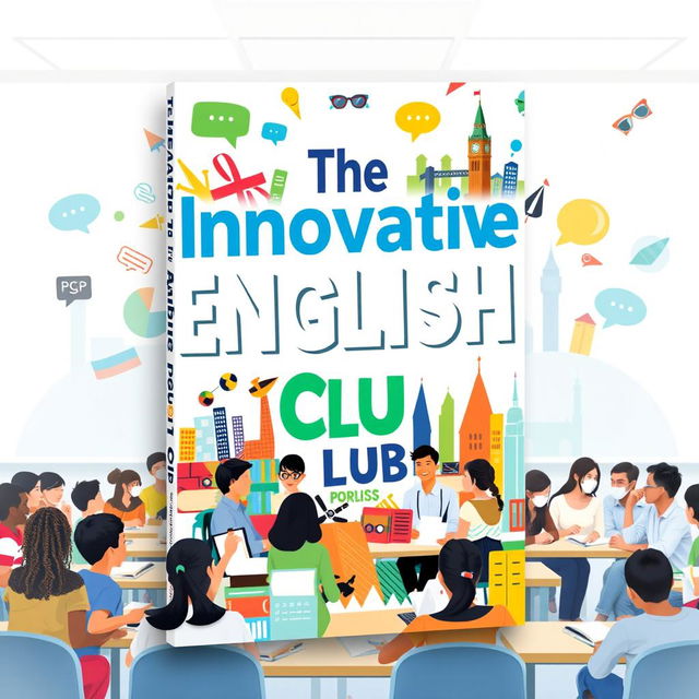 A modern and dynamic book cover design for 'The Innovative English Club', featuring a colorful collage of elements such as books, speech bubbles, and iconic landmarks from English-speaking countries