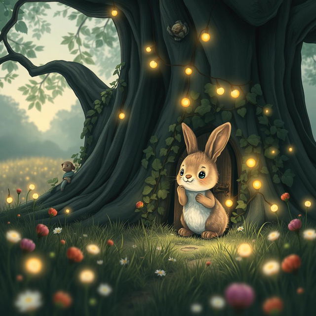 A heartwarming scene depicting Rosie, the small fluffy rabbit, saying goodbye to her new friends as she prepares to return through the tiny ivy-covered door at the base of the ancient oak tree