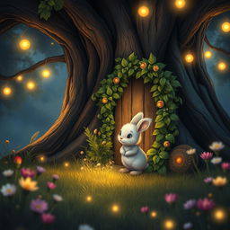 A heartwarming scene depicting Rosie, the small fluffy rabbit, saying goodbye to her new friends as she prepares to return through the tiny ivy-covered door at the base of the ancient oak tree