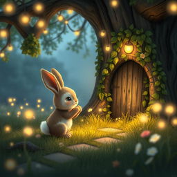 A heartwarming scene depicting Rosie, the small fluffy rabbit, saying goodbye to her new friends as she prepares to return through the tiny ivy-covered door at the base of the ancient oak tree