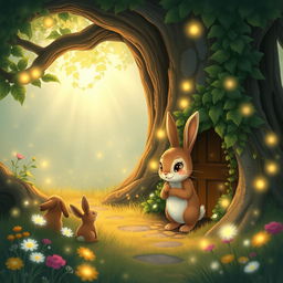 A heartwarming scene depicting Rosie, the small fluffy rabbit, saying goodbye to her new friends as she prepares to return through the tiny ivy-covered door at the base of the ancient oak tree