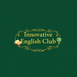 An elegant notebook cover design for 'Innovative English Club', featuring a sophisticated color scheme of deep green and gold