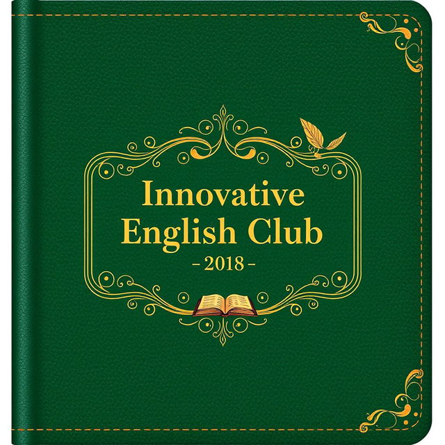 An elegant notebook cover design for 'Innovative English Club', featuring a sophisticated color scheme of deep green and gold