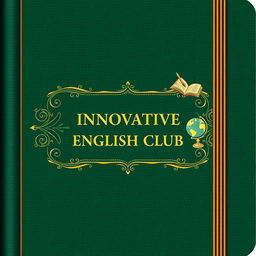 An elegant notebook cover design for 'Innovative English Club', featuring a sophisticated color scheme of deep green and gold
