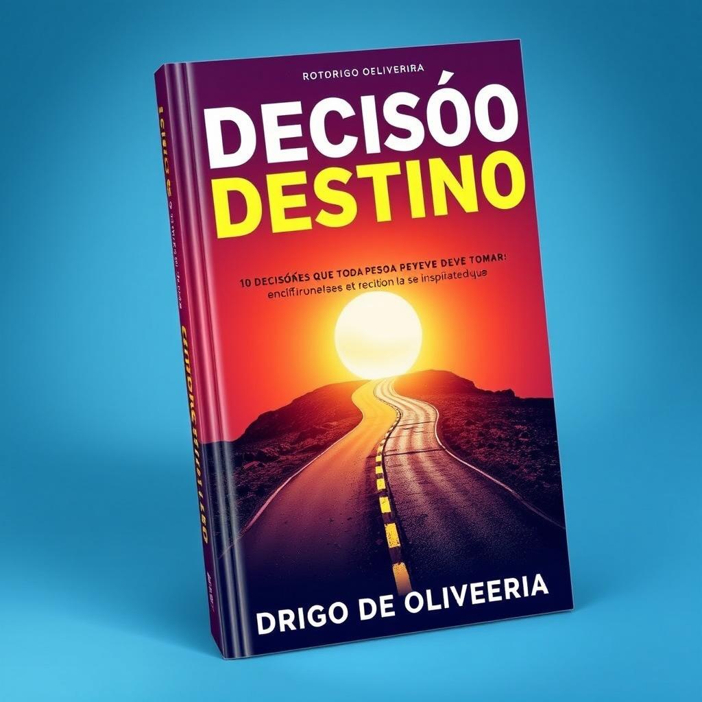 Capa de livro impactante e vibrante, com o título "DECISÃO DECIDE DESTINO" em letras grandes e atraentes no topo, utilizando uma fonte moderna